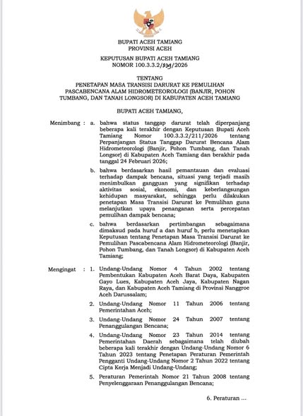 Aceh Tamiang Memasuki Masa Transisi Pemulihan Pasca Bencana